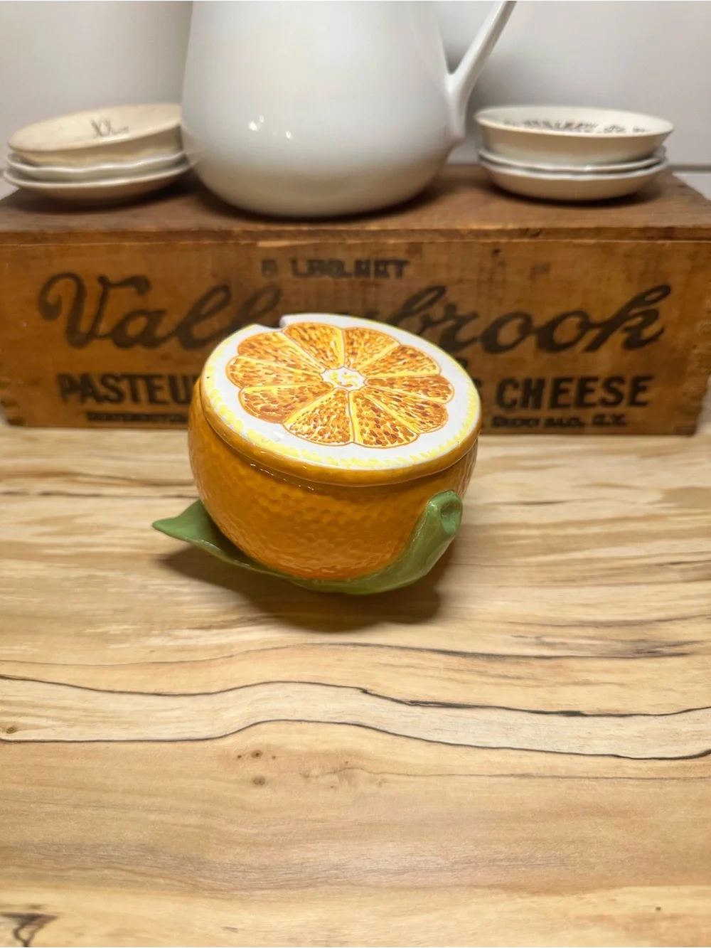 Vintage Italian Ceramic Orange Jam Pot Sugar Bowl Spoon Slot Made in Italy